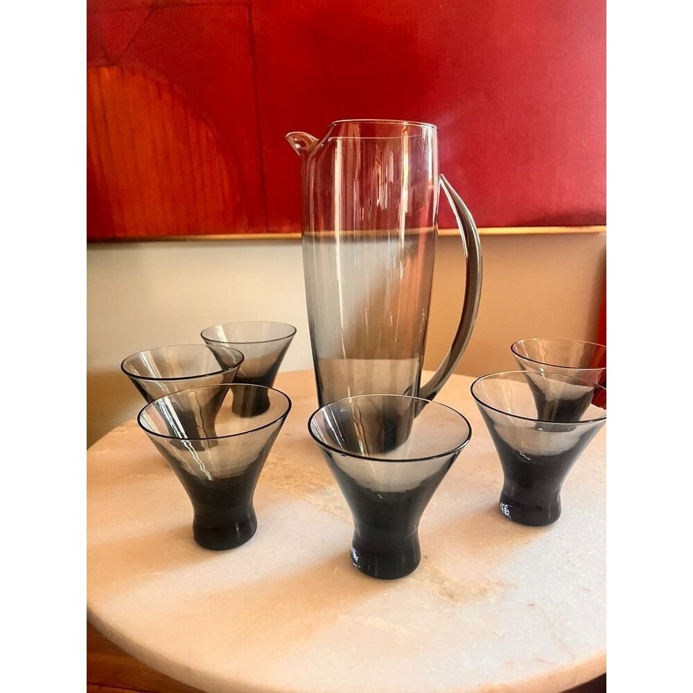 Vintage MCM Morgantown Normandie Smoke Gray Glass Cocktail Pitcher & Six Martini